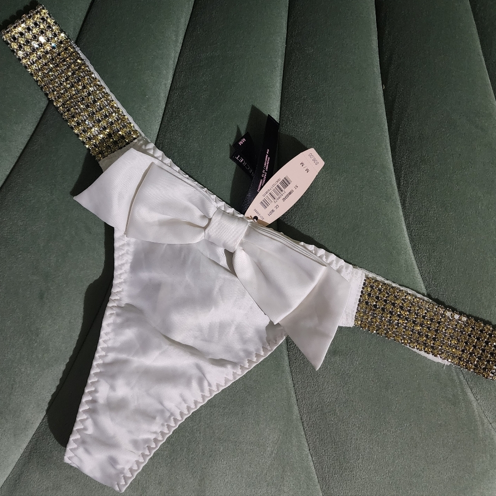 Vintage Victoria's Secret Rhinestone Satin Bow Mesh Low Rise Thong Panty NWT Med